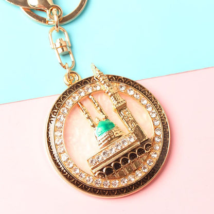 2PCS Islamic Mosque Keychain with Artificial Rhinestones - Metal Bag Charm & Car Hanging Accessory