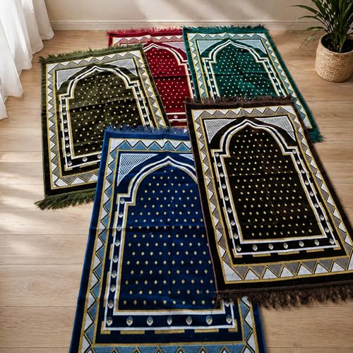 Velvet Muslim Prayer Mat Set, Soft Salah Rug, Islamic Gift for Men & Women (RED) - color: Red