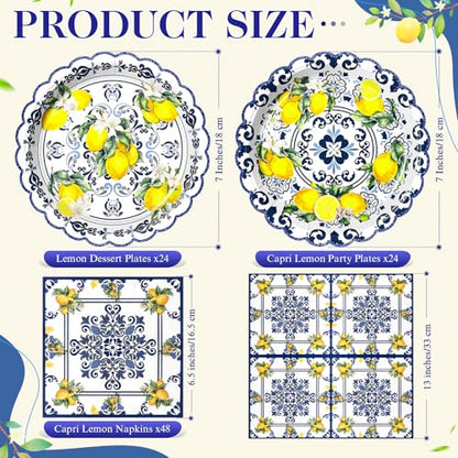 Funnymoom 96 Pieces Capri Lemon Tableware Set for 48 Guests Include 48 Pcs 7 Inch Dessert Plates and 48 Pcs Napkins Watercolor Disposable Dinnerware for Summer Birthday Holiday Tea Party Supplies - style: Lemon