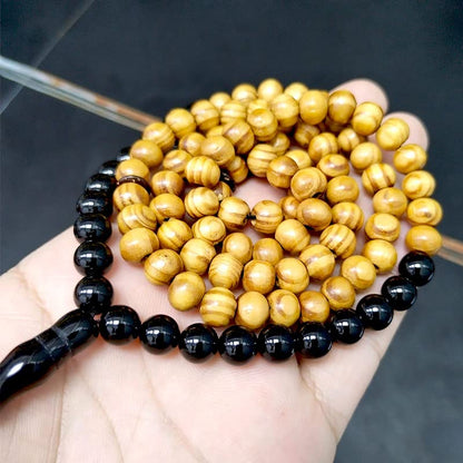 ALBASHAN Tasbih men Natural Beech Wood with Onyx 99/100 Beads misbaha Muslim Prayer Beads Ramadan Eid Gift - size: 8mm x 100 beads