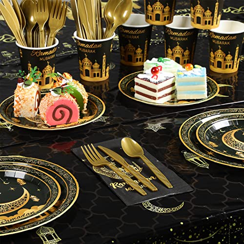 Ramadan Party Supplies Decorations for Home, Eid Ramadan Mubarak Banner Black and Gold Plates and Napkins Set, Disposable Paper Plates Napkins Banner Tablecloth for Ramadan Party Decorations, Serve 25
