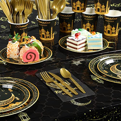 Ramadan Party Supplies Decorations for Home, Eid Ramadan Mubarak Banner Black and Gold Plates and Napkins Set, Disposable Paper Plates Napkins Banner Tablecloth for Ramadan Party Decorations, Serve 25