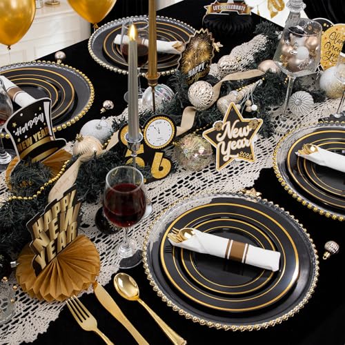 350 Pieces Black and Gold Plastic Plates with Disposable Silverware, Include 50 Dinner Plates 9”, 50 Dessert Plates 6.3”, 50 Black Cups 9 OZ, 50 Pre Rolled Napkins for New Year (Pack of 2) - color: Black - Modern, size: 350PCS (Pack of 2)