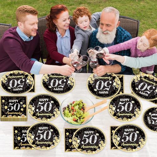 48Pcs 50th Anniversary Paper Plates Napkins Wedding Party Decorations Employee Career Retirements Party Supplies Black Gold Disposable Dinner Tableware Set for Birthday Anniversary Graduation Serve 24 - style: 50th Anniversary