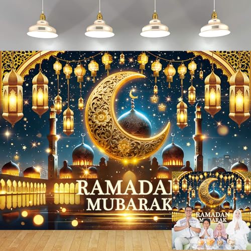 Ramadan Mubarak Backdrop Golden Crescent Moon Lanterns Mosque Banner Eid Mubarak Celebration Ramadan Decorations for Home Booth Prop (7X5FT) - size: 7X5FT