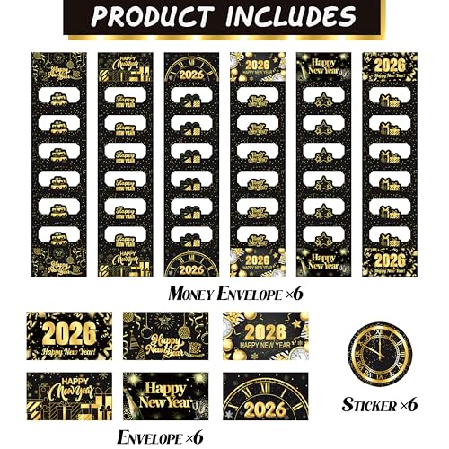 2026 New Year Money Envelopes for Cash Gifts Happy New Year Party Supplies 6PCS New Year's Eve Gifts Card Money Holder Black and Gold Surprise Cash Envelopes for Countdown Party