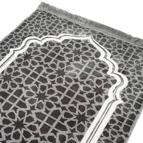 Modefa Muslim Prayer Rug - Large Plush Velvet - Andalus (Grey) | For Islamic prayers, salah. For men or women; thick plush soft praying mat - color: Grey