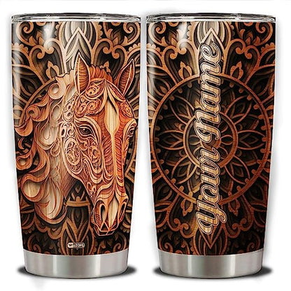 WAZONE Personalized Horse Tumbler With Lid Custom Name Wooden Drawings Vacuum 20oz 30oz Stainless Steel Coffee Travel Mug Equestrian Gifts Birthday Christmas For Men Women Teen Animal Lover - color: Horse