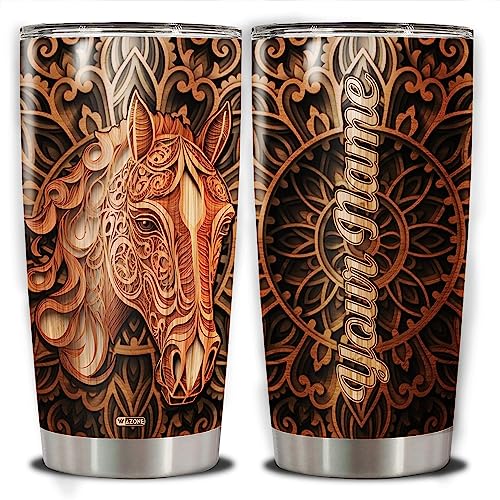 WAZONE Personalized Horse Tumbler With Lid Custom Name Wooden Drawings Vacuum 20oz 30oz Stainless Steel Coffee Travel Mug Equestrian Gifts Birthday Christmas For Men Women Teen Animal Lover - color: Horse