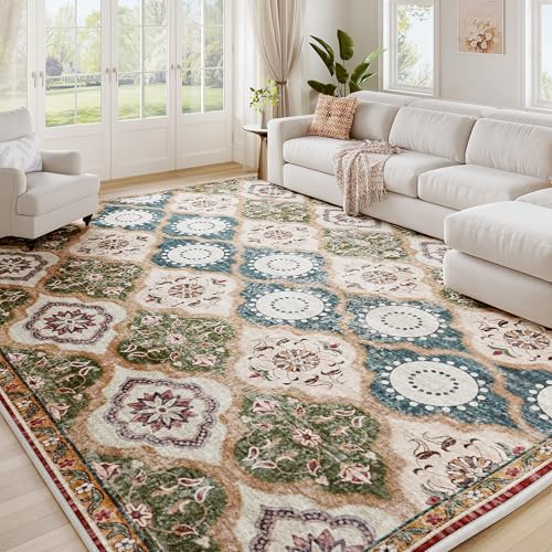 EnHomee Area Rugs 5x7, Soft Washable Rugs for Living Room Bedroom, Boho Non Slip Low Pile Stain Resistant Washable Rug Large Carpet for Dining Room,Easy to Clean Living Room Rug, Red & Green - color: Red & Green, size: 5x7