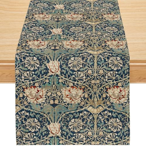 Vintage Morris Style Floral Table Runner 13x36 Inch, Small Botanical Linen Table Runner for Coffee Table or Entryway, Victorian Style Rustic Farmhouse Table Decor, Washable - color: Morris_1, size: 13x36inch