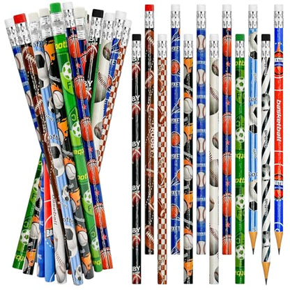 Cinrobiye 96 Pcs Sports Pencils Bulk, Basketball Football Baseball Scoeer Wood Pencils with Erasers Sports for School Prizes Classroom Exchange Gifts Party Favors Supplies, Stationary Gifts - style: Sports