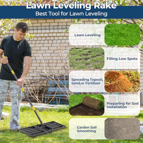 Heavy Duty Lawn Leveling Rake 30x10 with 72" Adjustable Handle - Commercial Grade Landscape Grading Tool, Foldable Yard Leveler for Soil Sand & Topdressing | Stainless Steel + Ergonomic Design - size: 30x10"(Foldable), 72"