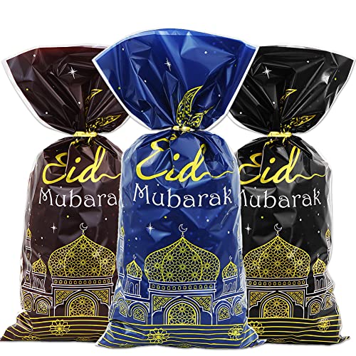 Boerni Plastic Cellophane Candy Cookie Treat Goodies Gift Bags 105pcs in 3 Colors And Gold Twist Ties for Eid Mubarak Ramadan Party Decorations