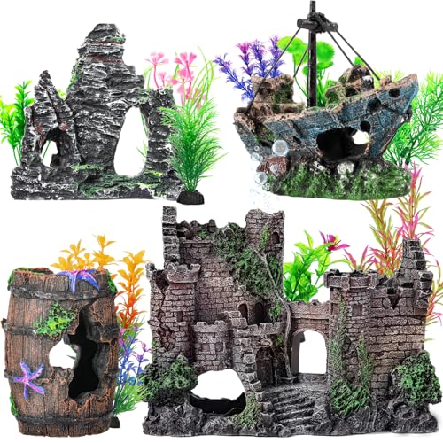 CousDUoBe 14 Pcs Aquarium Decorations Large Kit，Castle Fish Tank Bubbler Decorations，Starfish Barrel, Resin Cave Rock,Resin Material Sunken Ship,Aquarium Plants Large Fish Bowl Ornaments