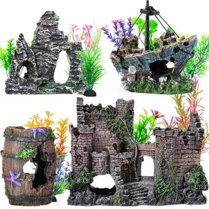 CousDUoBe 14 Pcs Aquarium Decorations Large Kit，Castle Fish Tank Bubbler Decorations，Starfish Barrel, Resin Cave Rock,Resin Material Sunken Ship,Aquarium Plants Large Fish Bowl Ornaments