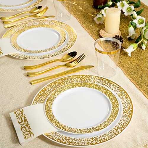 FOCUSLINE 175 Ct Gold Dinnerware Set for 25 Guests, Plastic Plates with Gold Lace Rim Design, Including 25 Disposable Dinner & Dessert Plates, Cups, Napkins, Cutlery Set - color: Gold Dinnerware Set
