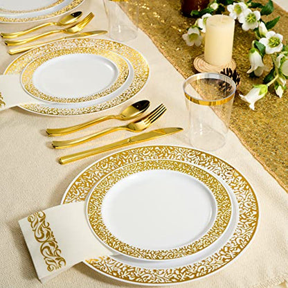 FOCUSLINE 175 Ct Gold Dinnerware Set for 25 Guests, Plastic Plates with Gold Lace Rim Design, Including 25 Disposable Dinner & Dessert Plates, Cups, Napkins, Cutlery Set - color: Gold Dinnerware Set