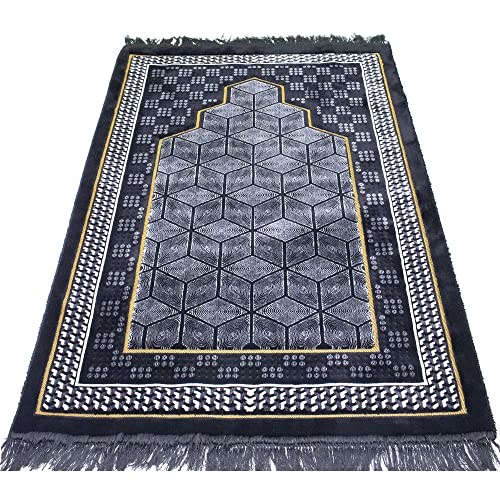 Modefa Turkish Islamic Velvet Prayer Rug - Thick Wide Soft Praying Carpet for Men & Women - Double Plush Large Janamaz - Eid & Ramadan Gift - with Kufi Beads & Car Hanger - Geometric Noor - Black - color: Black