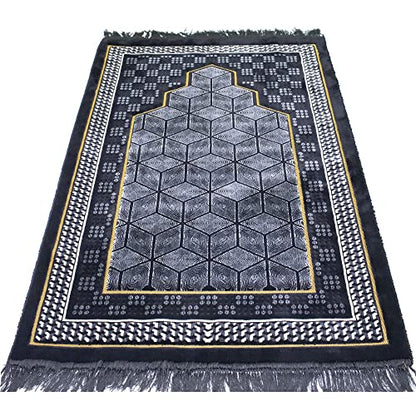 Modefa Turkish Islamic Velvet Prayer Rug - Thick Wide Soft Praying Carpet for Men & Women - Double Plush Large Janamaz - Eid & Ramadan Gift - with Kufi Beads & Car Hanger - Geometric Noor - Black - color: Black