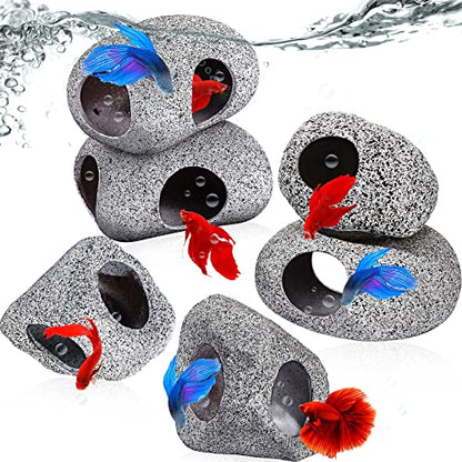 6 Pieces Aquarium Decoration Rock Caves Stackable Ceramic Fish Tank Hideout Cave Stone Ornaments Hideaway for Betta Shrimp Cichlid Hiding Breeding Spawning Decor