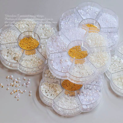 Nail Art Flatback Pearls Charms - White Half Round Crafts Beads With Gold Caviar Ball - Luxurious Design Jewelry Accessories - color: White Pearl With Metal Beads