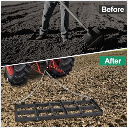 Drag Harrow Driveway Grader 4 FT with 4 FT Chain | Driveway Drag for Gravel, Tow Behind Lawn Rake for ATV, UTV, Tractor, Land Leveler for Gravel, Sand, Soil - size: 4 FT
