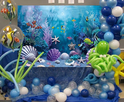 Under the Sea Backdrop Summer Tropical Fish Coral Ocean Underwater World Photography Background Ocean Aquarium Themed Baby Shower Birthday Party Banner Decorations Photo Booth Props 8x6FT - size: 8x6FT