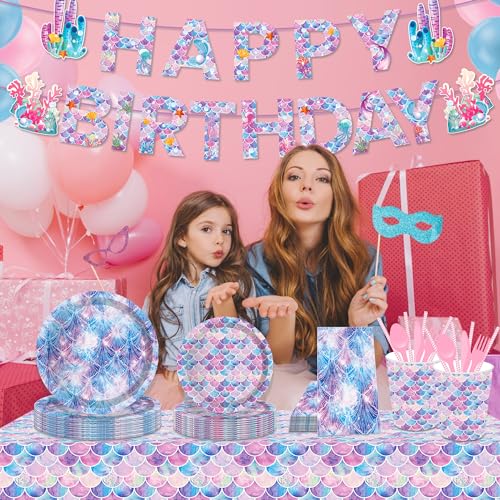 1Pc Fancy Mermaid Party Plastic Tablecloth 54 x 87 Inch Long Table Cover, Mermaid Scales Tail Party Tablecover for Fairy Tale Shell Kids Baby Shower Birthday Dinner Picnic Kitchen Event - color: Fancy Mermaid
