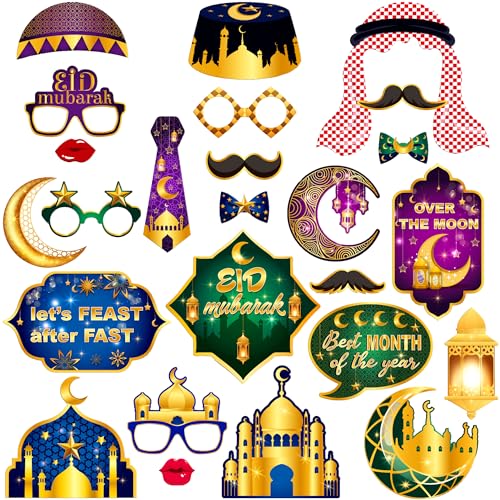KatchOn, Eid Photo Booth Props - Pack of 25 | Eid Mubarak Decorations, Fun Photo Booth Accessories for Eid & Ramadan Decorations - color: Green, Blue and Gold Pk 25