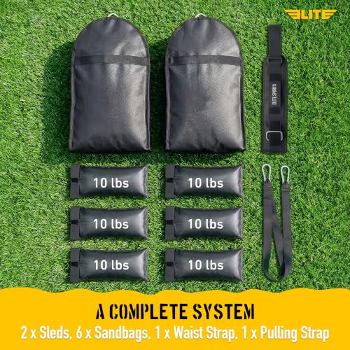Elite Twin Sand Bag Sled Workout Sled – Waterproof UNFILLED Weight Sled Trainer with 6-Level 10–60 lb Resistance Pull System, Adjustable Waist Strap for Speed, Strength, Endurance & Agility Training