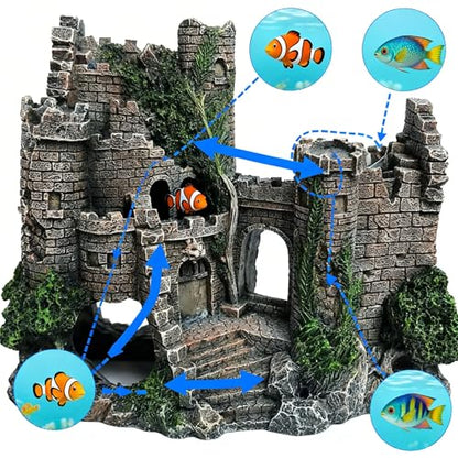 Aquarium Resin Castle Decoration, Air Bubbler Stone Cave Hideout House for Betta Fish, Shrimp & Turtles, Fish Tank Ornament Accessories for Breeding, Playing & Resting ，Decorative Bubbling Castle