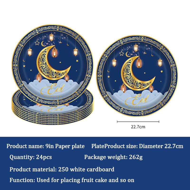 Generic Eid Mubarak Ramadan Mubarak Plates, Cups, Napkins party pack, Disposable Paper Tableware, Islamic Party Dinnerware, Eid Decoration, Blue and Gold