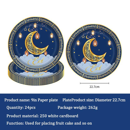 Generic Eid Mubarak Ramadan Mubarak Plates, Cups, Napkins party pack, Disposable Paper Tableware, Islamic Party Dinnerware, Eid Decoration, Blue and Gold