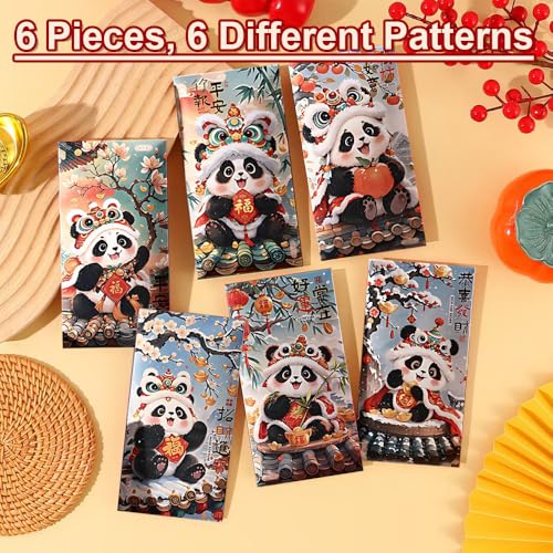 Chinese New Year Red Envelopes, 6 Pack Traditional Lunar New Year Money Packets, Hongbao for Spring Festival and Lantern Festival (Panda 1)
