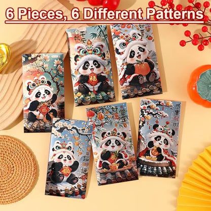 Chinese New Year Red Envelopes, 6 Pack Traditional Lunar New Year Money Packets, Hongbao for Spring Festival and Lantern Festival (Panda 1)