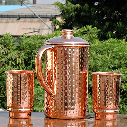 Copper Pitcher with 2 Copper Cups Set | Pure Copper Water Jug & matching tumblers Set for Home & Wellness, Hammered Finish Handcrafted for Daily Hydration & Natural Living