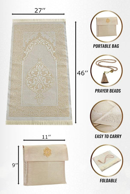 ihvan online Muslim Prayer Rug with 99 Beads Tasbih & Travel Bag, Soft Taffeta Sajadah, Lightweight & Foldable Janamaz, Portable Prayer Mat, Islamic Gift for Eid, Ramadan, Hajj & Umrah, Gold - color: Gold