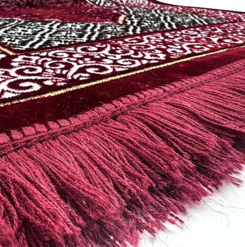 Velvet Islamic Prayer Rug Set (Thick Prayer Mat - 99 Tasbih Prayer Beads - Black Cotton Kufi Hat) Eid and Ramadan Gift for Muslims (Red) - color: Red