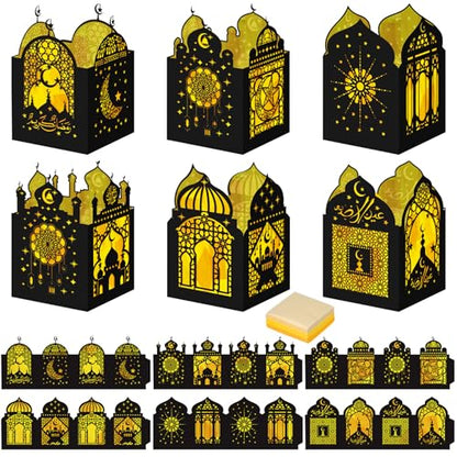 Retisee 24 Pcs Ramadan Eid DIY Lantern Craft Kit, Paper Lanterns with 1000 Gold Yellow Tissue Paper & Double-Sided Tape, Islamic Moon Star Motif Decor for Home Table Mosque Party Art Project - style: Ramadan