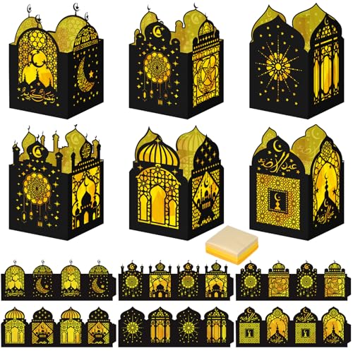 Retisee 24 Pcs Ramadan Eid DIY Lantern Craft Kit, Paper Lanterns with 1000 Gold Yellow Tissue Paper & Double-Sided Tape, Islamic Moon Star Motif Decor for Home Table Mosque Party Art Project - style: Ramadan
