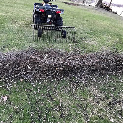 Yard Tuff Pine Straw Rake, Steel Lawn Sweeper with 24 Spring Tines, 60-Inch - Leaf Collector Attachment with Pin Hitch for ATV, UTV or Utility Tractor | Pin Hitch Fits ATV, UTV or Tractor, Adjustable Reel Arms, Lift Handle to Dump, 12 Inch Pneumatic Tires