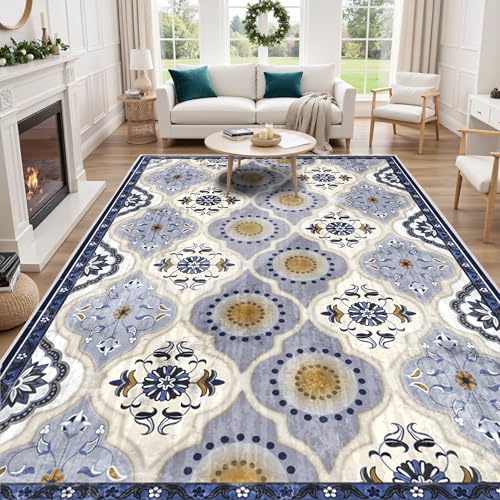 EnHomee Area Rugs 5x7, Soft Washable Rugs for Living Room Bedroom, Boho Non Slip Low Pile Stain Resistant Washable Rug Large Carpet for Dining Room,Easy to Clean Living Room Rug, Blue - color: Blue, size: 5x7