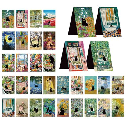 Black Cat Magnetic Bookmarks, 30 Pcs Cute Cats Book Mark Magnet Clips for Reading Women Kids, Oil Painting Art Page Markers for Books Journals Planner School Office Supplies Cat Lover Gifts - style: Black Cat