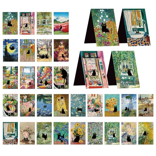 Black Cat Magnetic Bookmarks, 30 Pcs Cute Cats Book Mark Magnet Clips for Reading Women Kids, Oil Painting Art Page Markers for Books Journals Planner School Office Supplies Cat Lover Gifts - style: Black Cat