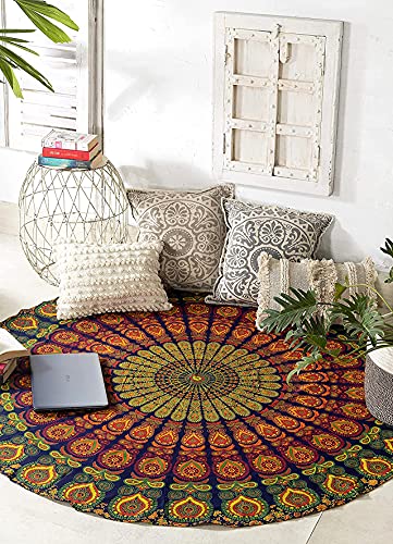 raajsee Yellow Mandala Round Beach Tapestry Hippie/Boho Beach Blanket/Indian Cotton Throw Bohemian Round Table Cloth/Aesthetic Tapestry/Yoga Mat Meditation Picnic Rugs 127 CM / 50 INCHE Circle - color: Yellow, size: 5 feet 10 inches (Round)