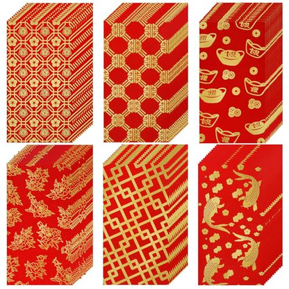 Marspark 60 Pcs Chinese New Year Red Envelopes 2026 Chinese Red Packets Hong Bao Gift Spring Festival Lucky Money Envelopes 6 Designs 3.5 x 6.7 Inches(Modern Pattern)