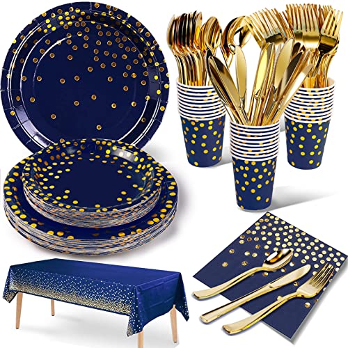 Nkaiso 141Pcs Navy Blue Gold Paper Plates and Napkins Party Supplies for20 - color: Navy Blue Gold