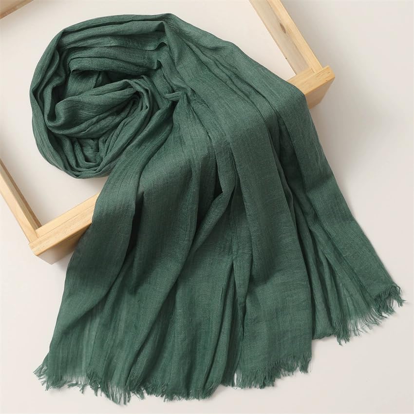 Solid color cotton and linen scarf, wrinkled all season versatile long sunscreen fashionable shawl - color: Blackish Green