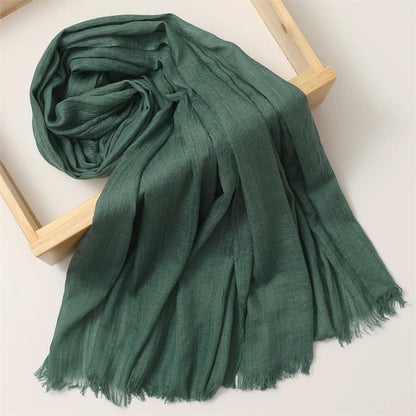 Solid color cotton and linen scarf, wrinkled all season versatile long sunscreen fashionable shawl - color: Blackish Green